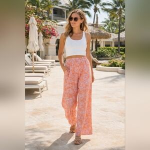 Cynthia Rowley Linen Blend Resort Pants Orange Toile Wide Leg L Vacation